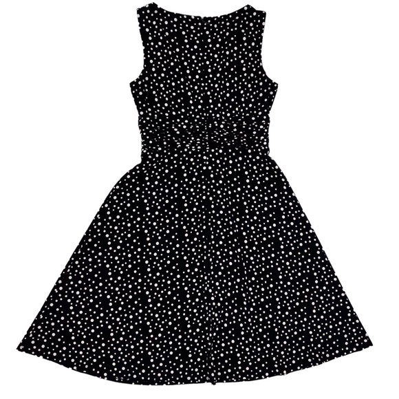 Petite Black with White Polka Dots Sleeveless Ruched Waist Dress, Small - Picture 13 of 16